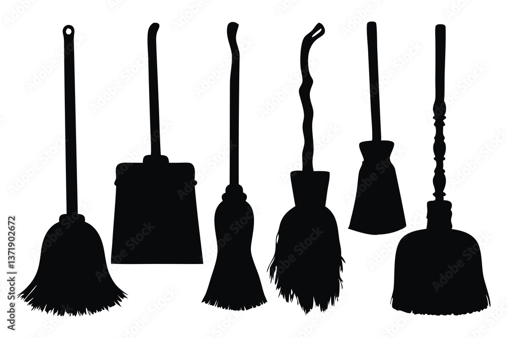 Naklejka premium Broom with a long handle silhouettes set Vector illustration on white background