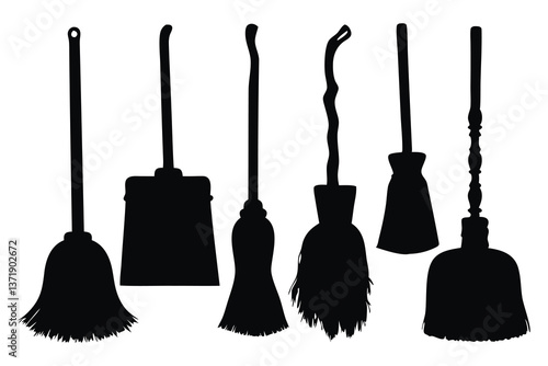 Broom with a long handle silhouettes set Vector illustration on white background