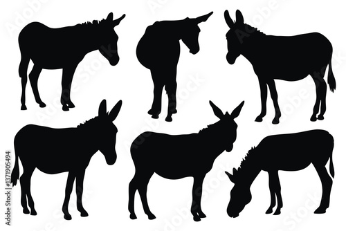 Donkey Black silhouettes set isolated flat vector illustration on white background.