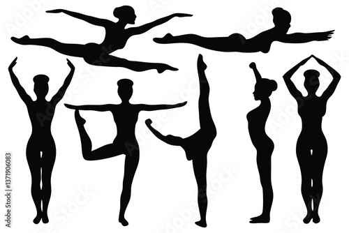  Female artistic gymnastics silhouettes set isolated flat vector illustration on white background.