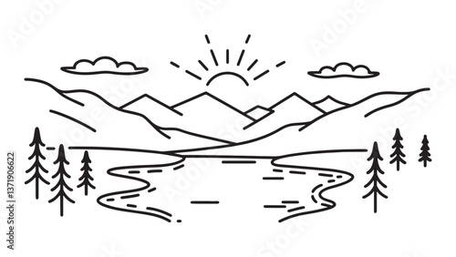 Frosty lake reflecting morning light, surrounded by snow-capped mountains under a clear sky line art flat vector illustration