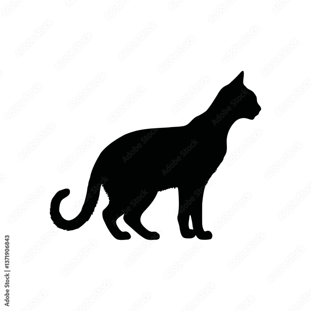 Obraz premium A black and white vector silhouette of a stretching cat in a relaxed pose on a white background.