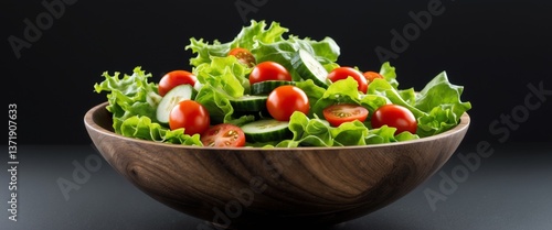 A wooden bowl filled with a fresh salad of lettuce tomatoes and cucumber slices on a black background.