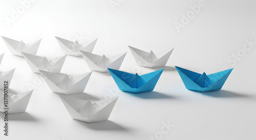 Wallpaper Mural Two Blue Paper Boats Leading a Fleet of White Origami Boats on White Background Torontodigital.ca