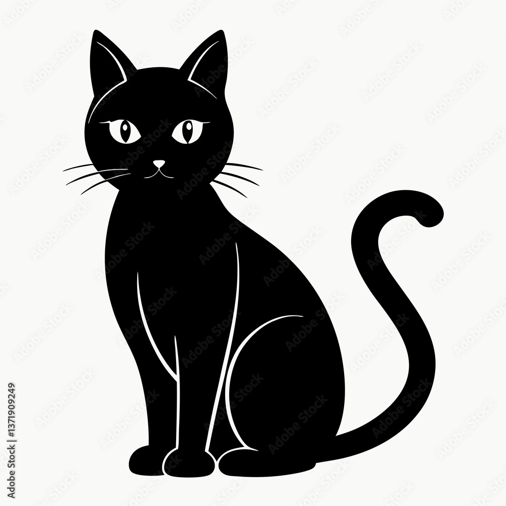 Black and white cat sitting on a white background in a cartoon silhouette style Black and white cat sitting on a white background in a cartoon silhouette style