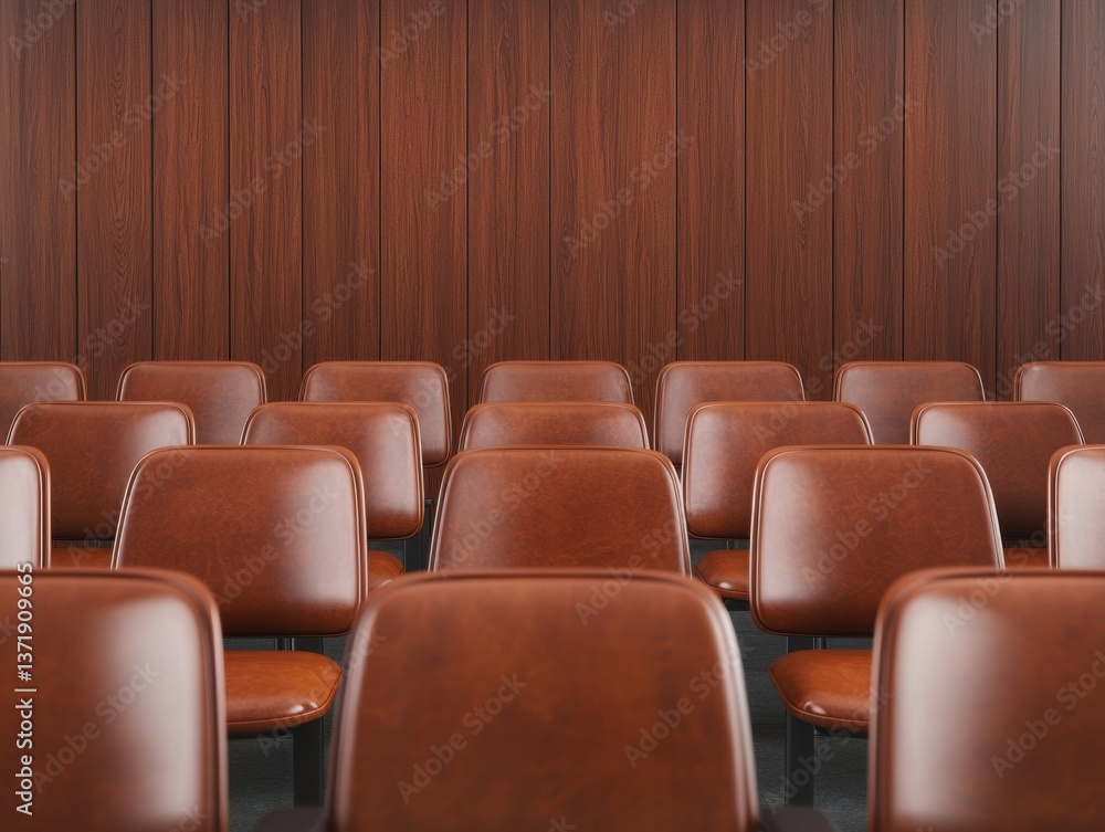 Obraz premium judgment virtual judicial dramatic scene concept. Empty conference room with rows of brown chairs against a wooden wall.