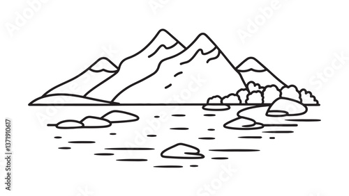 Mountain surrounded by rocks, with a clear body of water reflecting the landscape line art flat vector illustration.