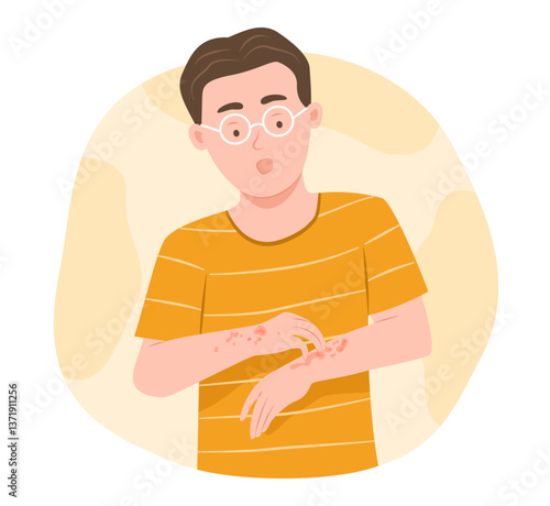 Worried Young Man Scratches the Atopic Dermatitis or Eczema Area on Her Arms for Dermatology Disease Concept Illustration