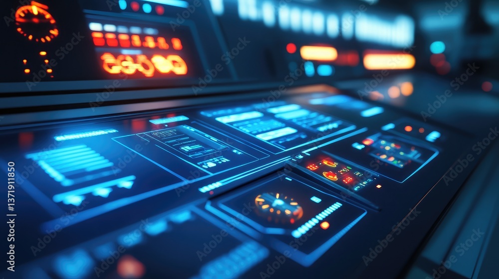 A close-up of an advanced wind farm turbine control system interface. A close-up of an advanced wind farm turbine control system interface.