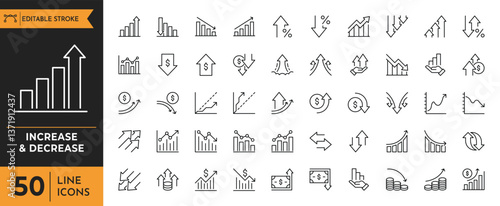 Increase and Decrease icon set. Contains such icons as stock market, profit, launch, Increase, Decrease, Growth, Fall, up, down, and more icons. Editable stroke. Vector illustration