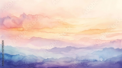 Pastel Watercolor Landscape of Rolling Hills and Sky