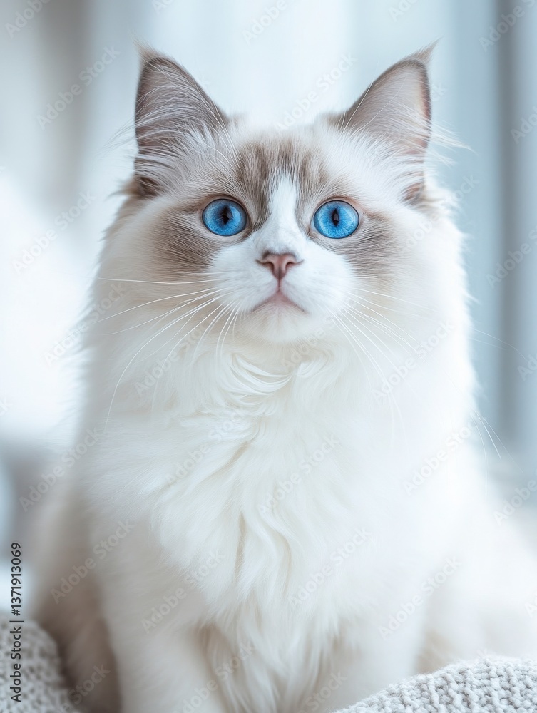Fluffy White Cat with Striking Blue Eyes Staring at the Camera Fluffy White Cat with Striking Blue Eyes Staring at the Camera