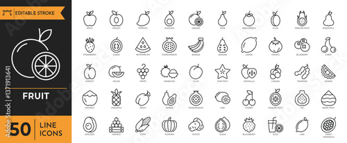 Fruit icon set. Cntainig Apple, orange, watermelon, cherry, peach, strawberry, pineapple, grape, and more. Editable stroke. Vector illustration