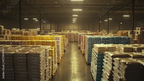 A food warehouse filled with neatly stacked pallets of packaged goods.
