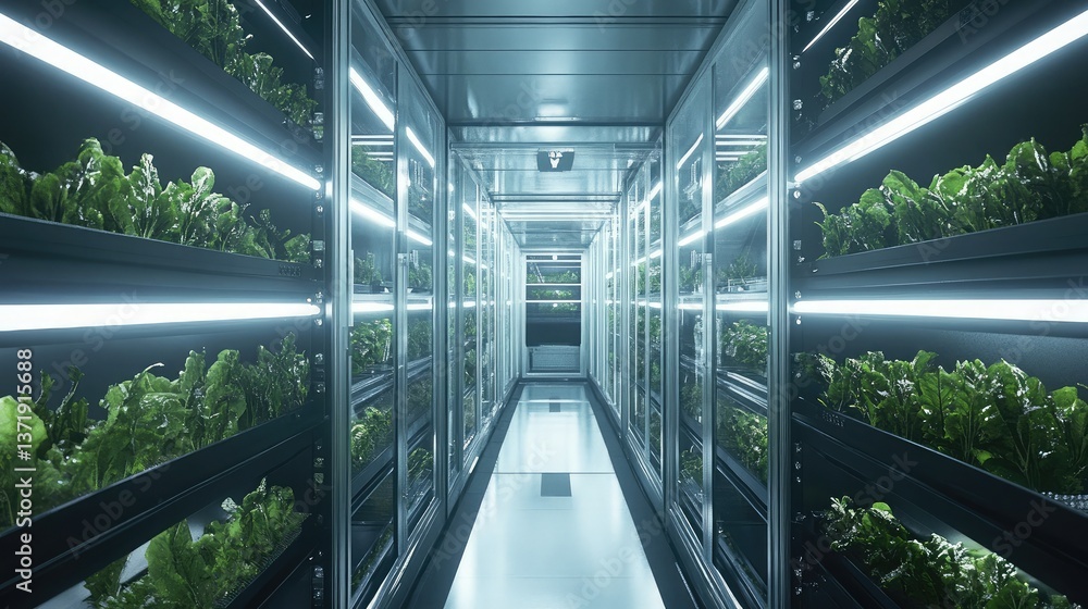 A futuristic meat-free protein production lab with plant-based alternatives.