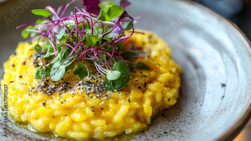 A golden vegetable risotto garnished with microgreens and truffle oilar