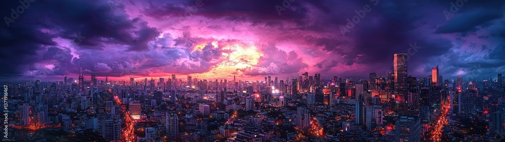 Fototapeta premium Vibrant cityscape at night illuminated by colorful lights and starry skies above