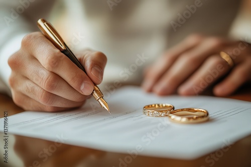 Close-up of a person signing a marriage contract with two wedding rings beside the document.