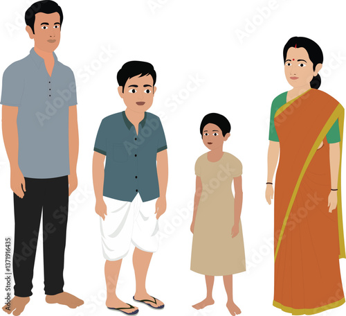 Character set of a rural Indian family isolated on white background. Vector illustration of a nuclear family standing together. Character set of a father, mother, son and daughter.