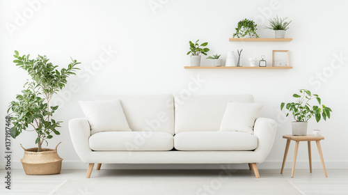 Cozy Living Room Interior Design: Featuring a comfortable white sofa, thriving indoor plants, and tasteful wooden accents, the image creates a serene and inviting atmosphere.