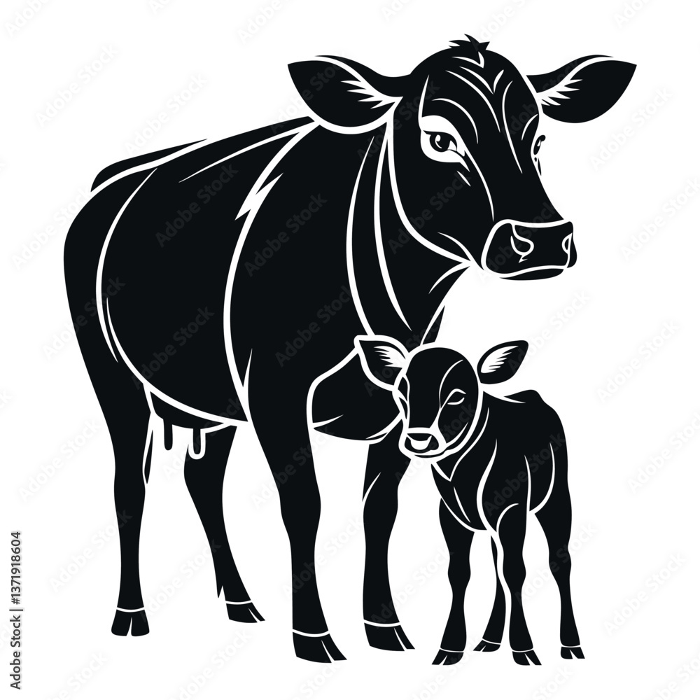 Black-silhouette-of-cow-and-calf-with-white background. Black-silhouette-of-cow-and-calf-with-white background.