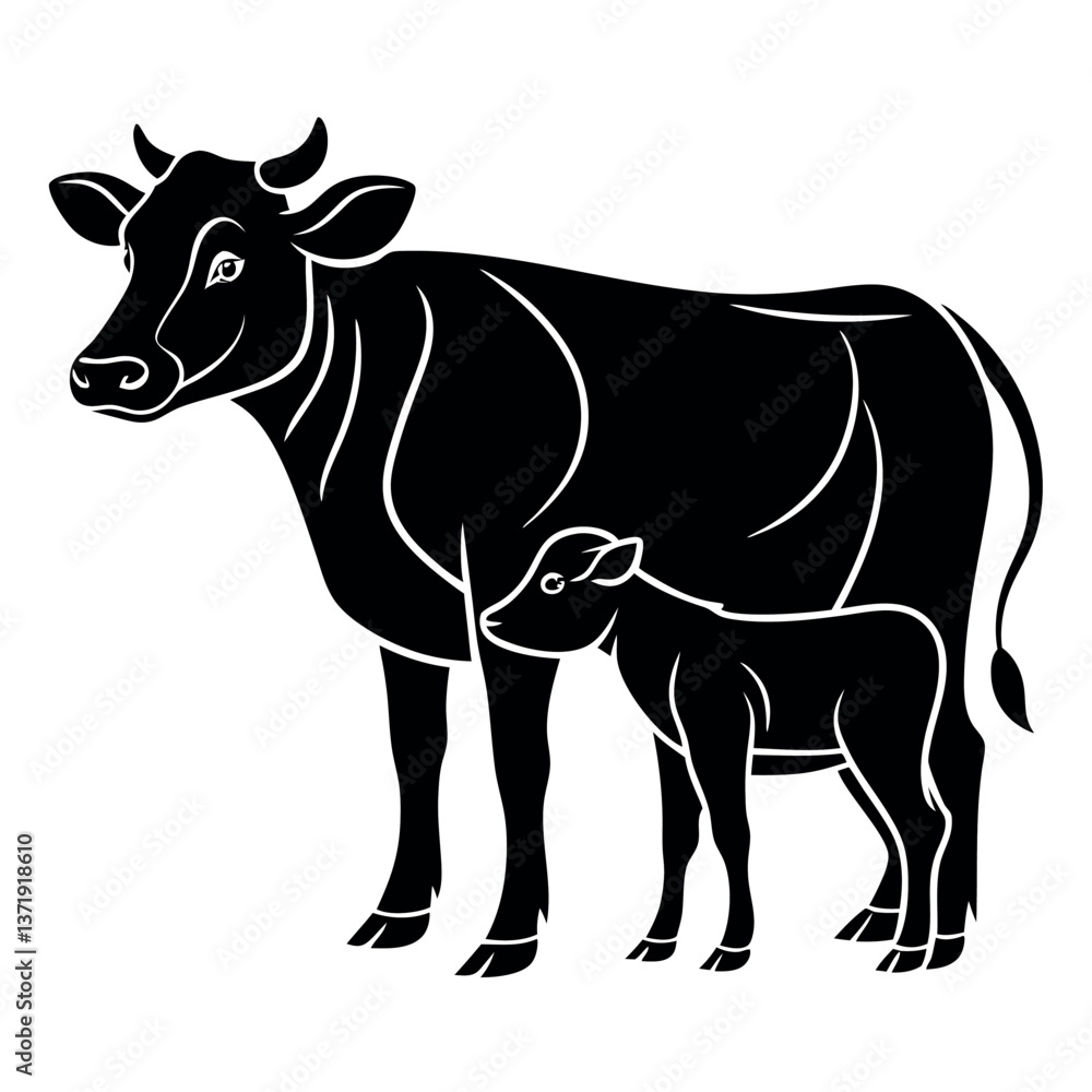 Fototapeta premium Black-silhouette-of-cow-and-calf-with-white background.