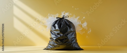 Large black garbage bag filled and tied on a yellow background surface