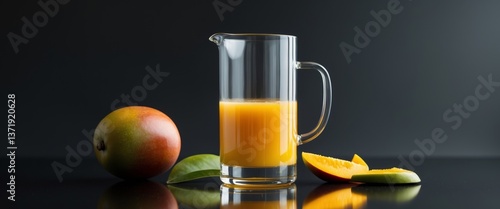 A glass pitcher filled with mango juice next to a whole and sliced mango on a black background