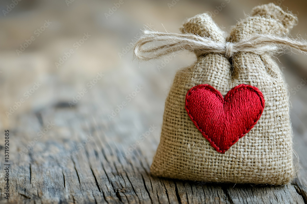 Small jute bag embroidered with a red heart, placed on a rustic wooden table for a charming touch Small jute bag embroidered with a red heart, placed on a rustic wooden table for a charming touch