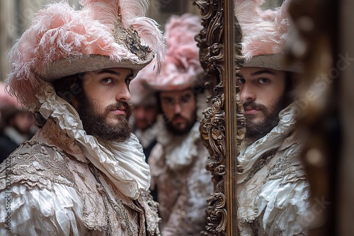 Men in Venetian costume look at their reflection in an antique mirror