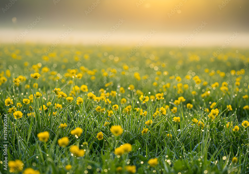 Fototapeta premium Serene Sunrise Meadow Dew-Kissed Yellow Flowers in Golden Light