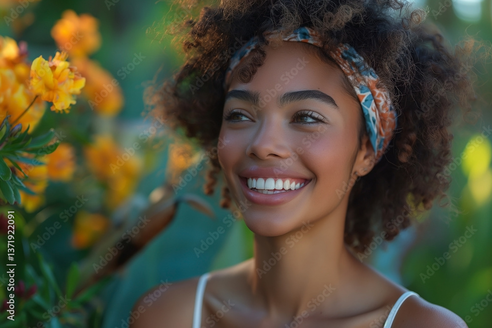 Smiling young woman with curly hair and a headband, surrounded by vibrant blooming flowers. Smiling young woman with curly hair and a headband, surrounded by vibrant blooming flowers.