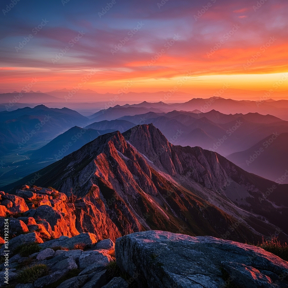 Obraz premium Colorful sunset over dramatic peaks