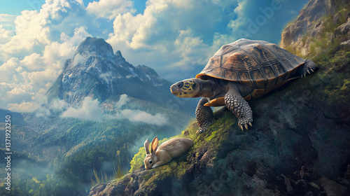 beautifully rendered scene that tells a story of perseverance and contrasts between two animals: a turtle and a rabbit, set against a breathtaking natural backdrop.
