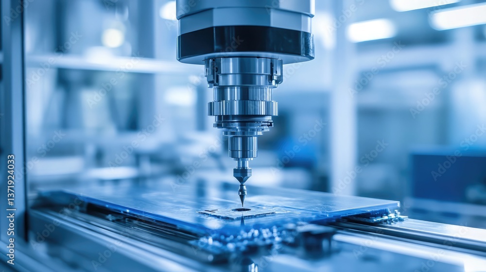 A high-speed PCB drilling machine creating precise micro-holes for components. A high-speed PCB drilling machine creating precise micro-holes for components.