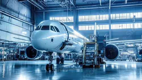 A modern aircraft manufacturing plant with robotic assembly lines.