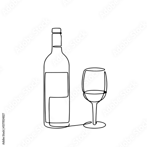 wine bottle glass line continuous black one line drawing illustration .