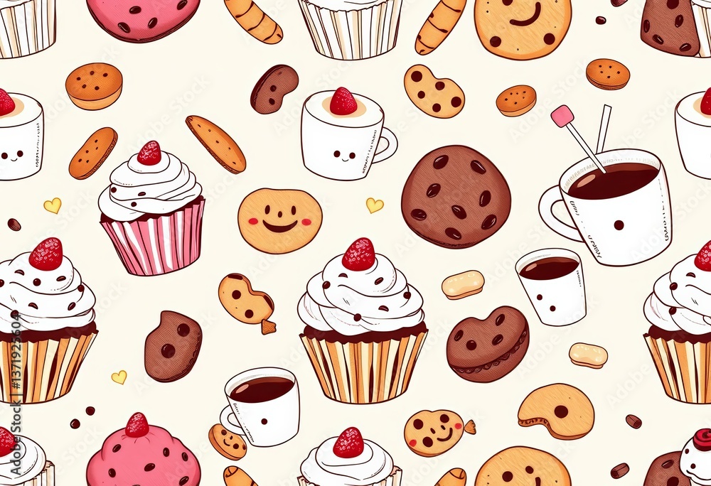 Whimsical hand-drawn seamless pattern featuring cupcakes, coffee cups, and cookies Ideal for bakery packaging and cafe decor, wrapping, print Whimsical hand-drawn seamless pattern featuring cupcakes, coffee cups, and cookies Ideal for bakery packaging and cafe decor, wrapping, print