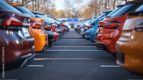 Wallpaper Mural Cars in a row, parked with ample space between them, in a used car lot with a sale event sign. Torontodigital.ca