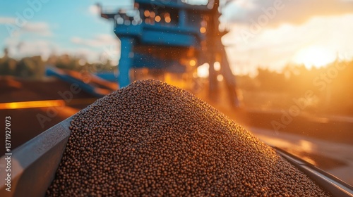 A close-up of iron ore pellets being processed in an industrial facility.