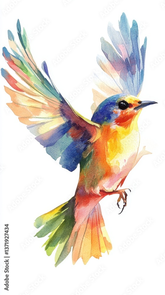 Obraz premium World Migratory Bird Day Vibrant watercolor bird in flight with rainbow feathers on white background