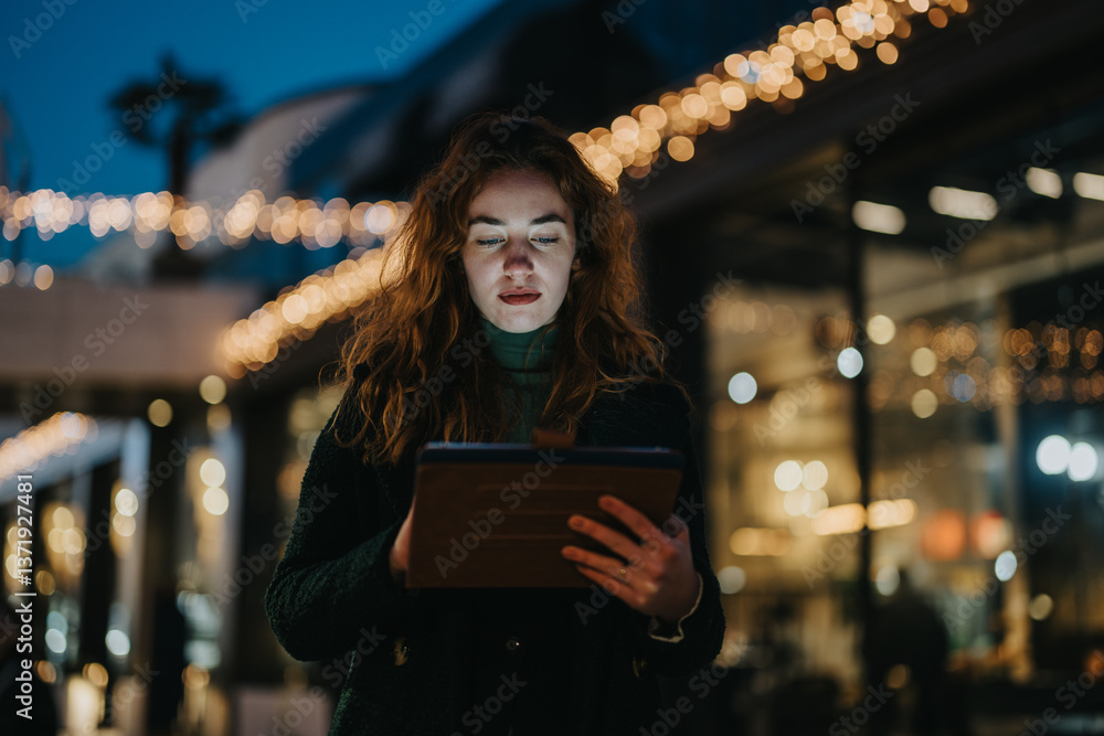 Fototapeta premium A young woman engaged with a tablet device outdoors, illuminated by evening ambient city lights.