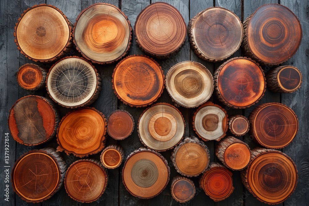 A diverse array of wooden cross-sections showcasing natural textures and colors atop a dark wooden surface. A diverse array of wooden cross-sections showcasing natural textures and colors atop a dark wooden surface.