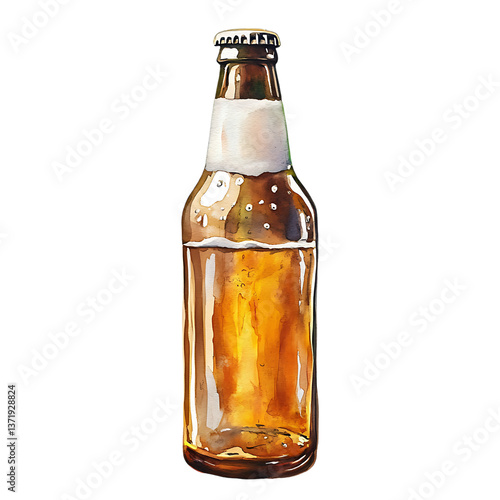 A watercolor painting depicts a glass beer bottle against on Transparent Background 