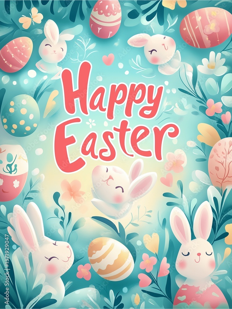 Cute cartoon bunnies and colorful Easter eggs with Happy Easter text on pastel floral background Cute cartoon bunnies and colorful Easter eggs with Happy Easter text on pastel floral background