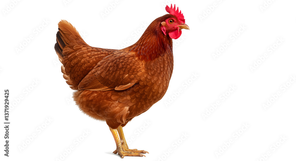 Fototapeta premium Brown Hen Standing Upright with Red Comb and Wattle – Realistic Poultry Portrait