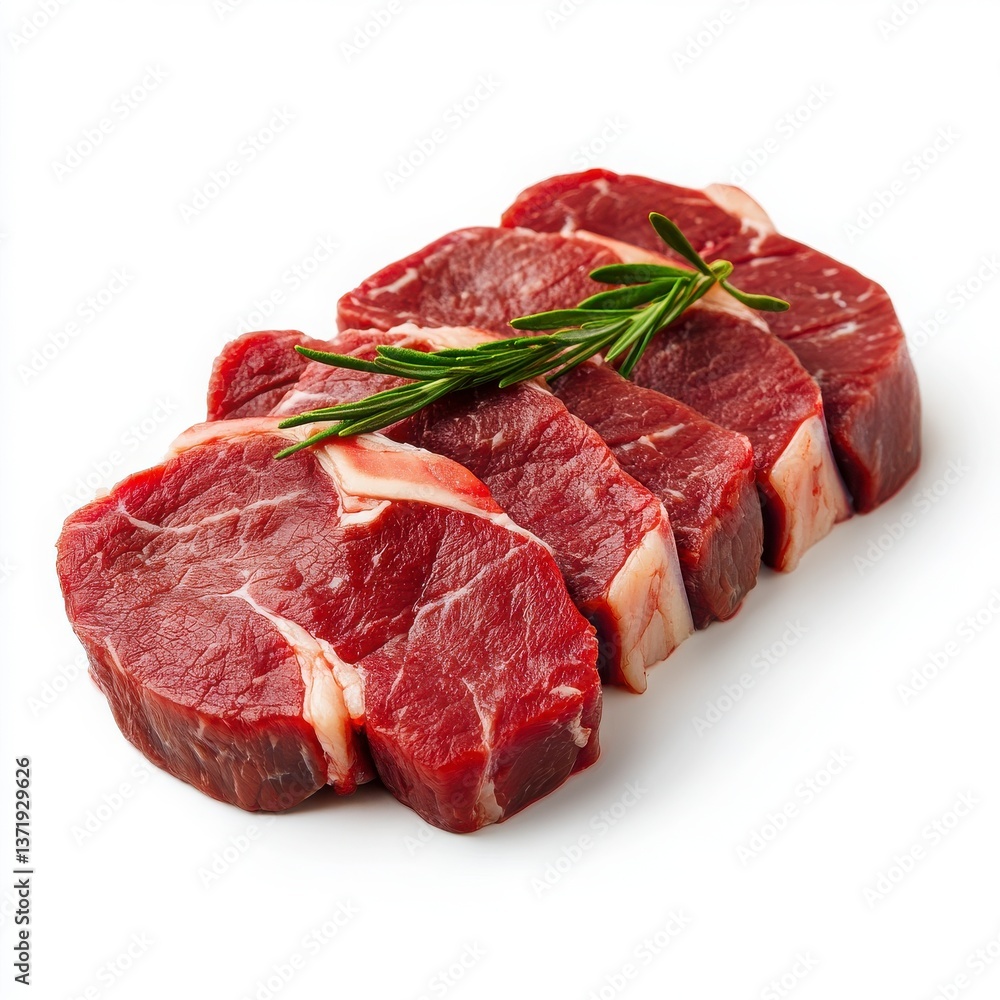 Fresh Cut Raw Beef Steaks with Sprig of Rosemary on White Background Fresh Cut Raw Beef Steaks with Sprig of Rosemary on White Background