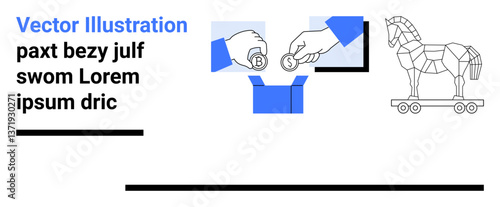 Hands exchange coins near an open box geometric Trojan horse symbolizes deception. Ideal for finance, trade, donations, strategy, cybersecurity, decision-making, simple landing page