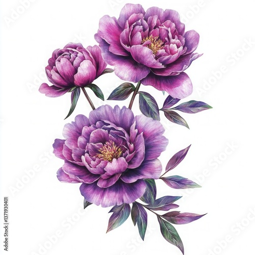 Three purple peony flowers with green leaves in a detailed, hand-drawn, realistic floral design