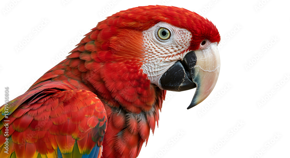 Obraz premium Vibrant Scarlet Macaw Close-Up Portrait with Colorful Plumage and Curved Beak - Photorealistic Bird Photography